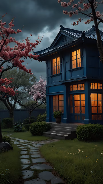 Traditional Japanese Blue House Sakura Garden Twilight Scene - Free 4K & 8K Mobile Wallpaper
