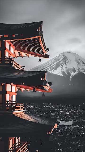 Traditional Japanese Pagoda with Mount Fuji in Background - Free 4K & 8K Mobile Wallpaper