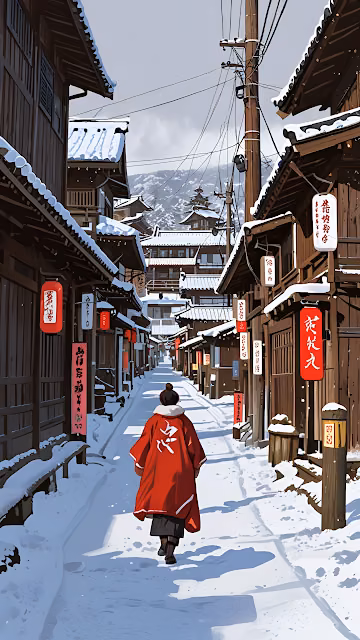 Traditional Japanese Snow Village Red Cloak Traveler - Free 4K & 8K Mobile Wallpaper
