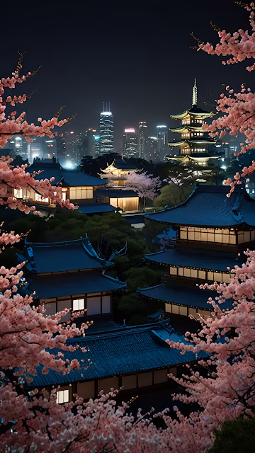 Traditional Japanese Temples Night Sakura View - Free 4K & 8K Mobile Wallpaper