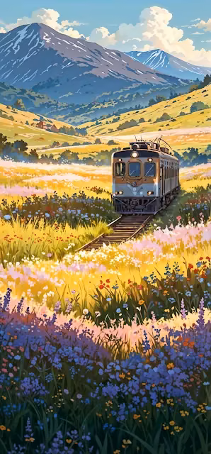 Train Journey Through Wildflower Meadow and Mountains - Free 4K & 8K Mobile Wallpaper