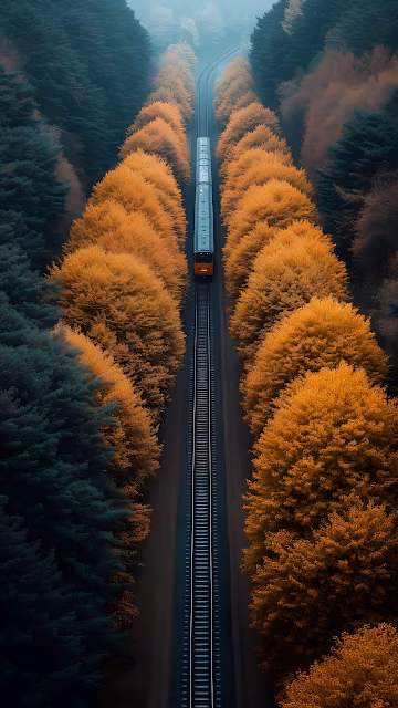 Train Track Through Autumn Forest, Symmetrical View - Free 4K & 8K Mobile Wallpaper