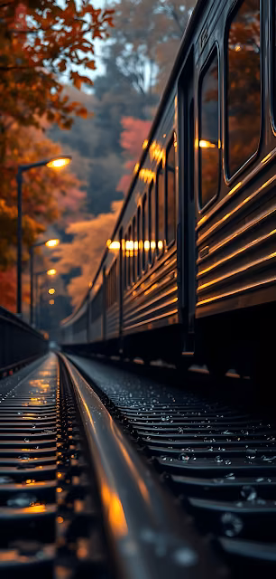 Train on Wet Tracks Under Autumn Trees at Dusk - Free 4K & 8K Mobile Wallpaper