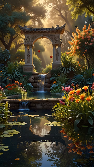 Tranquil Asian Garden Archway Waterfall Pond - Free 4K & 8K Mobile Wallpaper