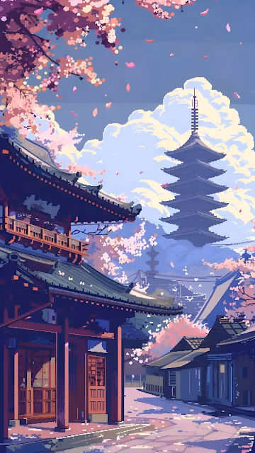 Tranquil Japanese Pagoda Pixel Art, Falling Sakura Blossoms Scene - Free 4K & 8K Mobile Wallpaper