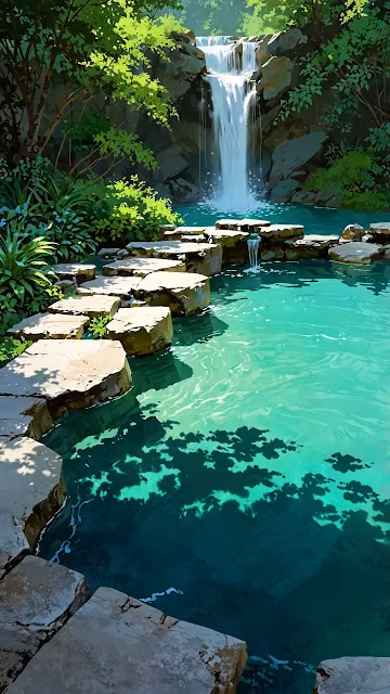 Tranquil Waterfall Pool with Stone Pathway - Free 4K & 8K Mobile Wallpaper