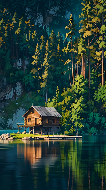 Tranquil Wooden Cabin on Lake Shore Forest Reflection - Free 4K & 8K Mobile Wallpaper