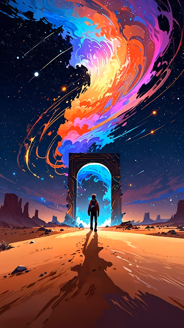 Traveler Approaching Desert Portal Rainbow Vortex Sky - Free 4K & 8K Mobile Wallpaper
