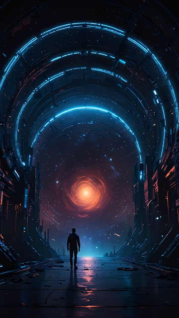 Traveler Entering Neon Sci-Fi Portal Towards Cosmic Nebula - Free 4K & 8K Mobile Wallpaper