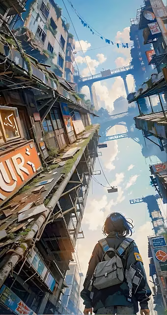 Traveler in Overgrown Cyberpunk Slum City Alley - Free 4K & 8K Mobile Wallpaper