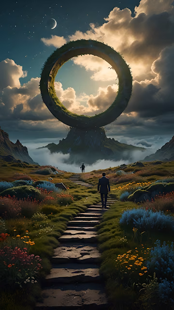Traveler Path to Ancient Grass Ring Structure Landscape - Free 4K & 8K Mobile Wallpaper