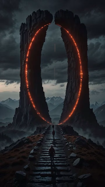 Travelers Walk Toward Glowing Portal in Mountains - Free 4K & 8K Mobile Wallpaper
