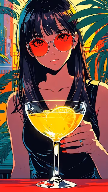 Tropical Anime Girl Cocktail Night Synthwave Art - Free 4K & 8K Mobile Wallpaper