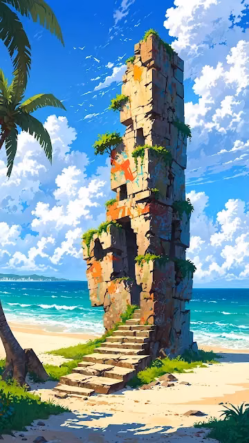 Tropical Beach Ruins Tower with Graffiti and Palm Trees - Free 4K & 8K Mobile Wallpaper