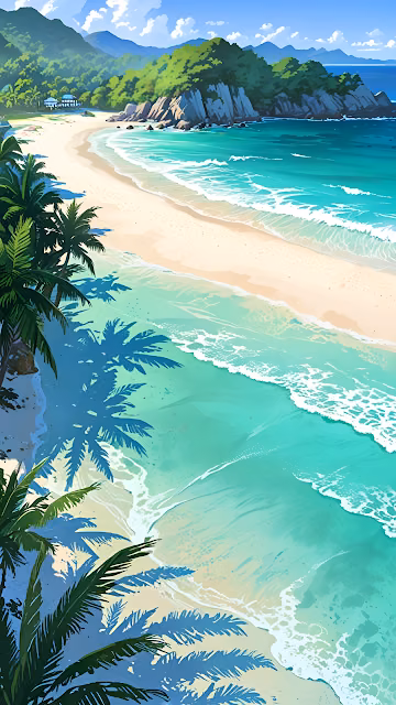 Tropical Beach Turquoise Ocean Palm Shadows Anime - Free 4K & 8K Mobile Wallpaper