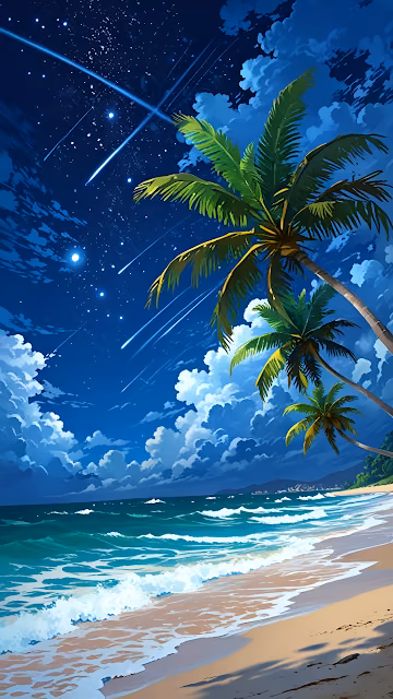 Tropical Beach Under Starry Night Sky with Shooting Stars - Free 4K & 8K Mobile Wallpaper
