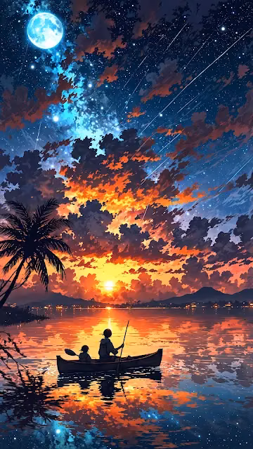 Tropical Kayaking Under Dramatic Sunset and Full Moon - Free 4K & 8K Mobile Wallpaper