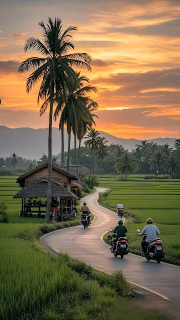 Tropical Motorcycle Journey Palm Trees Rice Fields Asia - Free 4K & 8K Mobile Wallpaper
