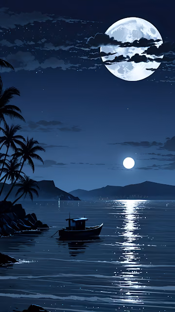 Tropical Night Moonlit Bay with Fishing Boat Illustration - Free 4K & 8K Mobile Wallpaper