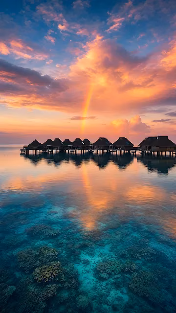 Overwater bungalows sit above a coral reef lagoon under a vibrant pink sunset and a rainbow. Thatched roof bungalows on stilts over clear turquoise water with a rainbow in pink sunset clouds.