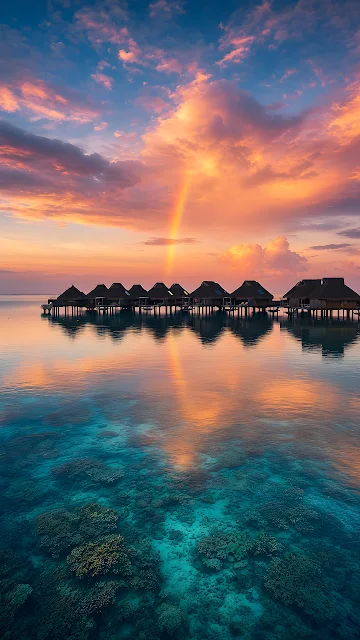 Overwater bungalows sit above a coral reef lagoon under a vibrant pink sunset and a rainbow. Thatched roof bungalows on stilts over clear turquoise water with a rainbow in pink sunset clouds.