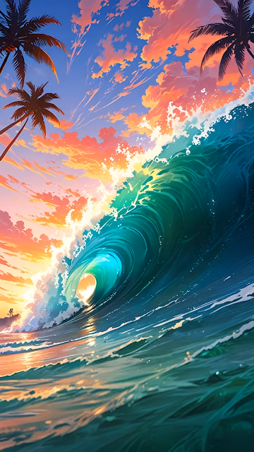 Tropical Sunset Wave Anime Art Vibrant Ocean Curl - Free 4K & 8K Mobile Wallpaper