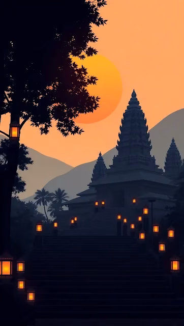 Tropical Temple Silhouette at Sunset with Glowing Lanterns - Free 4K & 8K Mobile Wallpaper