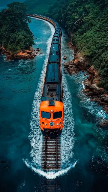 Tropical Train Journey Over Turquoise Ocean Water Track - Free 4K & 8K Mobile Wallpaper