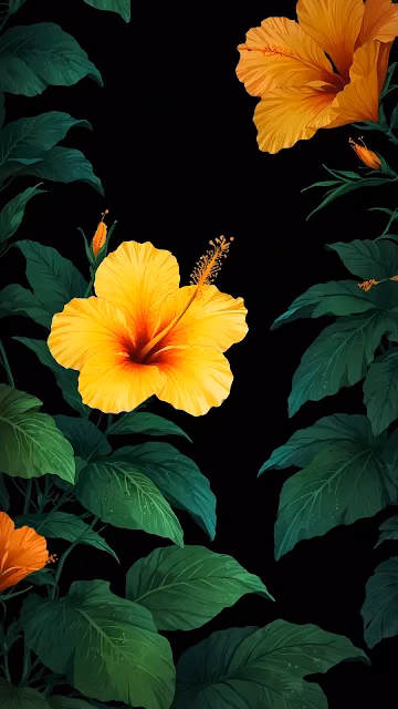 Tropical Yellow Hibiscus Flowers on Dark Background - Free 4K & 8K Mobile Wallpaper