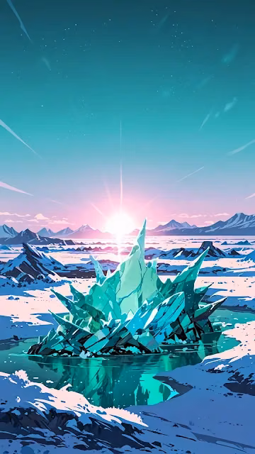 Turquoise Crystal Shards in Arctic Sunrise Landscape - Free 4K & 8K Mobile Wallpaper