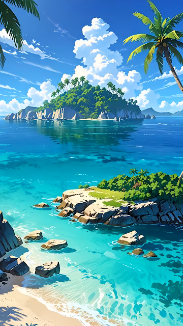 Turquoise Tropical Beach Island Paradise Anime Vector Art - Free 4K & 8K Mobile Wallpaper