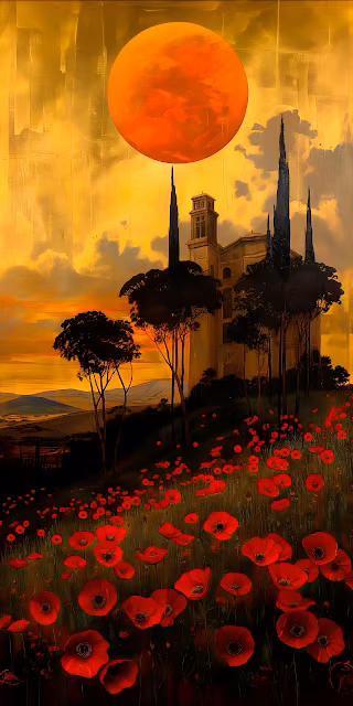 Tuscan Poppies Field Orange Sun Dramatic Painting - Free 4K & 8K Mobile Wallpaper