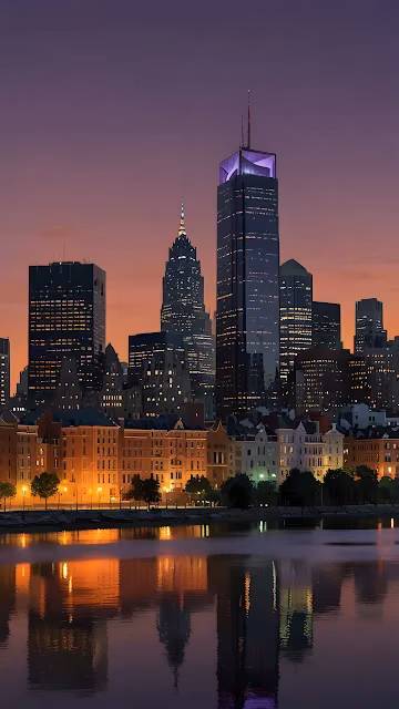 Twilight City Skyline Reflected in Waterfront - Free 4K & 8K Mobile Wallpaper