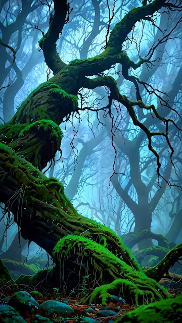 Twisted Mossy Trees in Eerie Blue Fog Forest Art - Free 4K & 8K Mobile Wallpaper