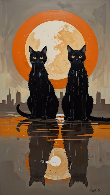 Two Black Cats Under Orange Moon with City - Free 4K & 8K Mobile Wallpaper