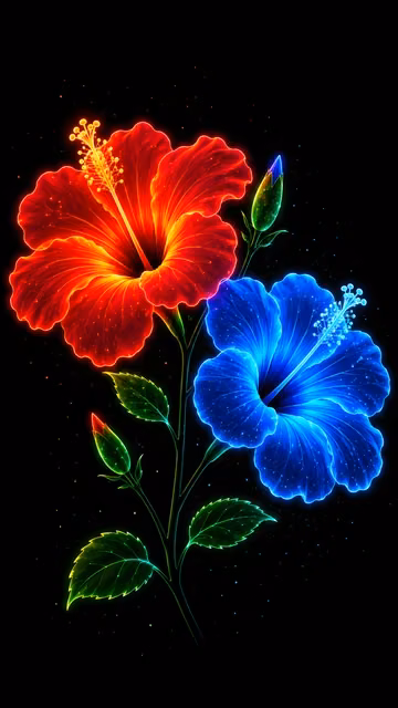 A stylized abstract illustration of one red and one blue glowing neon hibiscus flower with green leaves on a black background.