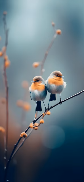 Two Robin Birds Perched Together on Bare Branch - Free 4K & 8K Mobile Wallpaper