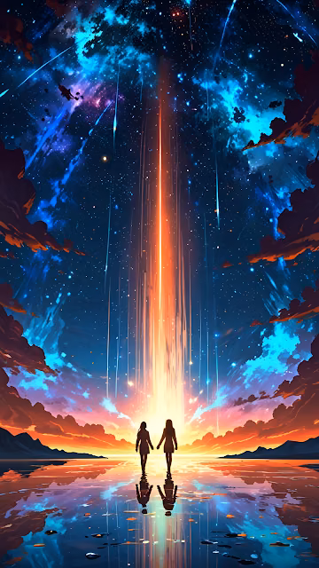 Two Silhouettes Walking Toward Cosmic Light Beam - Free 4K & 8K Mobile Wallpaper