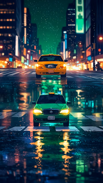 Two Taxis on Rainy Neon City Street at Night - Free 4K & 8K Mobile Wallpaper
