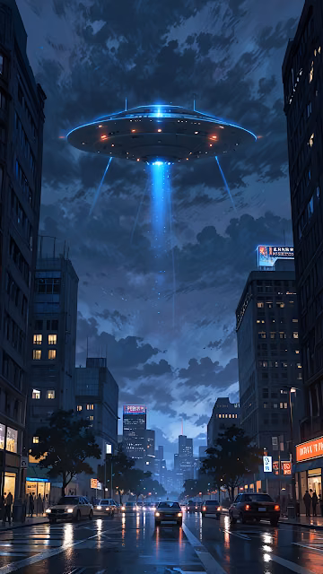 UFO Hovering Over Rainy City Street at Night with Blue Beam - Free 4K & 8K Mobile Wallpaper