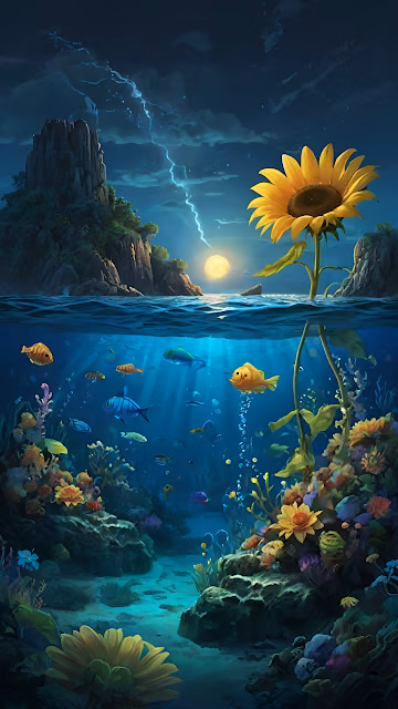 Underwater Garden with Sunflowers and Moonlit Sky - Free 4K & 8K Mobile Wallpaper