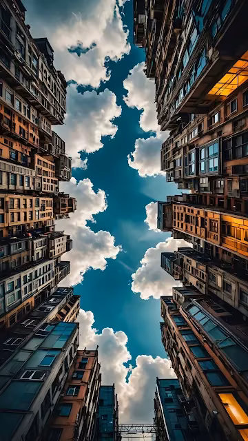 Urban Canyon View Looking Up at Sky and Clouds - Free 4K & 8K Mobile Wallpaper