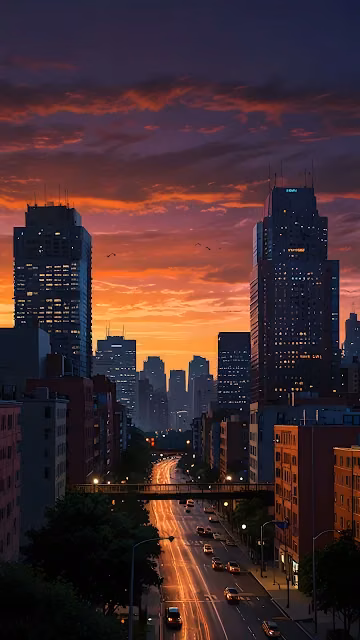 Urban Sunset Over City Street with Traffic Light Trails - Free 4K & 8K Mobile Wallpaper