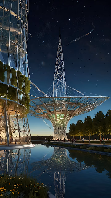 Utopian Future City Architecture Reflected Under Starry Sky - Free 4K & 8K Mobile Wallpaper