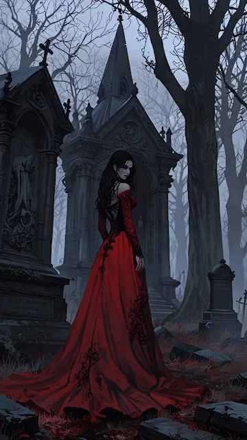 Vampire Lady in Red Gown at a Dark Mausoleum - Free 4K & 8K Mobile Wallpaper