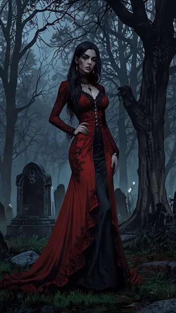 Vampire Woman in Red Gown Standing in Misty Graveyard - Free 4K & 8K Mobile Wallpaper