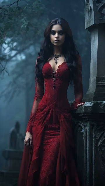 Vampire Woman in Red Lace Gown Leaning on Grave Marker - Free 4K & 8K Mobile Wallpaper