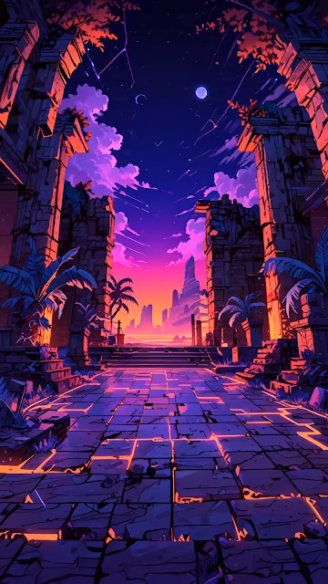 Vaporwave Ancient Ruins Temple Sunset Aesthetic Art - Free 4K & 8K Mobile Wallpaper