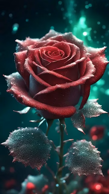 Velvet Red Rose with Dew Drops on Green Glow - Free 4K & 8K Mobile Wallpaper