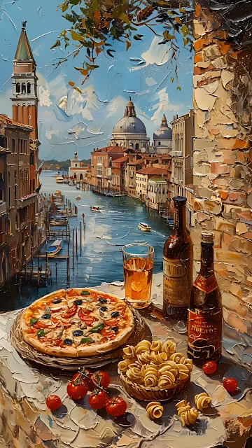 Venice Grand Canal View, Italian Pizza and Pasta Oil Painting - Free 4K & 8K Mobile Wallpaper